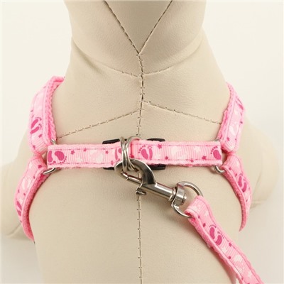 Шлейка с поводком «Цветные следы», ОГ 23-35, ширина 1 см, поводок 120 см, розовая