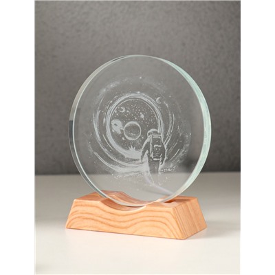 Световая фигурка стекло «Диск. Голограмма: Высадка космонавта на луну», 5×LED, d=10 см, USB, 10×4×11.4 см