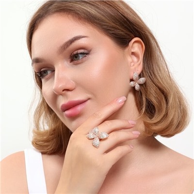 Комплект ювелирной бижутерии коллекция "Дубай" серьги и кольцо 18 р, покрытие позолота, вставка: фианиты, цвет: прозрачный, арт.314.843-18