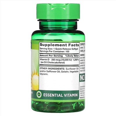 Vitamin D3, High Potency, 250 mcg (10,000 IU), 100 Quick Release Softgels
