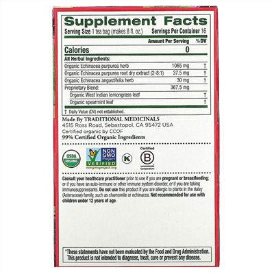 Traditional Medicinals, Organic Echinacea Plus, оригинальный вкус с мятой, без кофеина, 16 чайных пакетиков в упаковке, 24 г (0,85 унции)