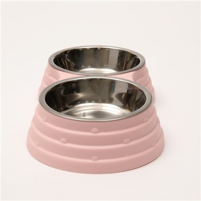 Миска двойная, 25×14×5 см, на пластиковом основании, металл, розовая