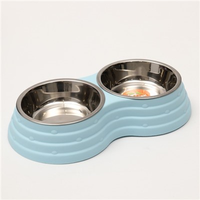 Миска двойная, 25×14×5 см, на пластиковом основании, металл, голубая