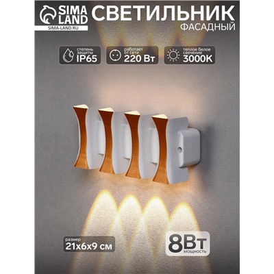 Светильник фасадный «Элегант», 8 Вт, 3000К, 4 луча, IP65, 220 В, пластиковый корпус, белый, свечение тёплое белое