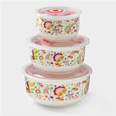 Набор салатников с вакуумными крышками «Ирена», 3 предмета: 300 мл, 600 мл, 900 мл, керамика