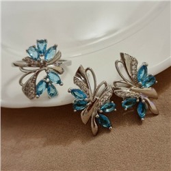 Комплект ювелирная бижутерия, серьги и кольцо посеребрение, камни цвет голубой, р-р 20, 76168, арт.947.037-20