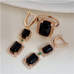 Комплект ювелирной бижутерии коллекция "Дубай" серьги и кольцо 18 р, покрытие позолота, вставка: фианиты и искусственный камень, цвет: черный и прозрачный, Уценка, арт.08.4049-18 (313.162-18 (1)