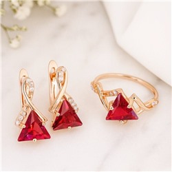 Комплект ювелирной бижутерии коллекция "Дубай" серьги и кольцо 17 р, покрытие позолота, вставка: фианиты, цвет: красный и прозрачный, арт.215.402-17