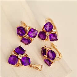 Комплект ювелирная бижутерия коллекция  "Дубай" серьги, кулон и кольцо 19 р, покрытие: позолота, вставка: фианиты, цвет: фиолетовый, арт.313.132-19