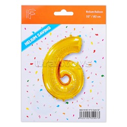 Шар (32''/81 см) Цифра, 6, Золото, 1 шт. в уп.