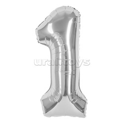 Шар (40''/102 см) Цифра, 1, Серебро, 1 шт. в уп.