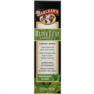 Barlean's, Olive Leaf Complex, спрей для горла на основе оливковых листьев, со вкусом перечной мяты, 45 мл (1,5 жидк. унции)