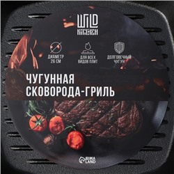 Сковорода - гриль Wild Kitchen, 26×26 см, лопатка и губка в комплекте, чугун, чёрная