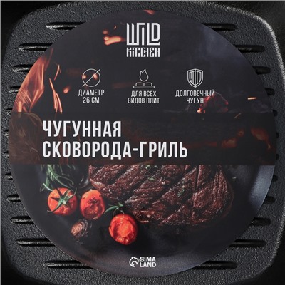 Сковорода - гриль Wild Kitchen, 26×26 см, лопатка и губка в комплекте, чугун, чёрная