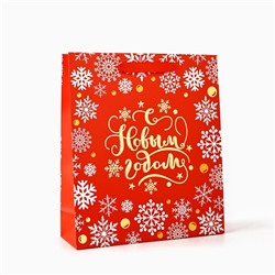 Пакет подарочный новогодний ламинированный «Золотые снежинки», тиснение, M 30×26×9 см