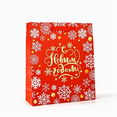 Пакет подарочный новогодний ламинированный «Золотые снежинки», тиснение, M 30×26×9 см