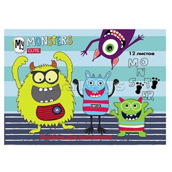 Альбом для рисования 12 л., "Радостные монстрики" скрепка