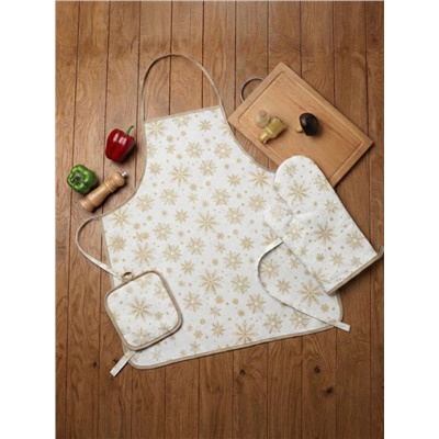 Кухонный набор «Доляна. Снежинки»: прихватка 17×17 см, варежка 26×16 см, фартук 70×80 см, золотой, 100% п/э