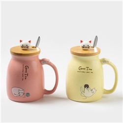 Кружка «Котик», 500 мл, ложка, крышка, керамика, МИКС