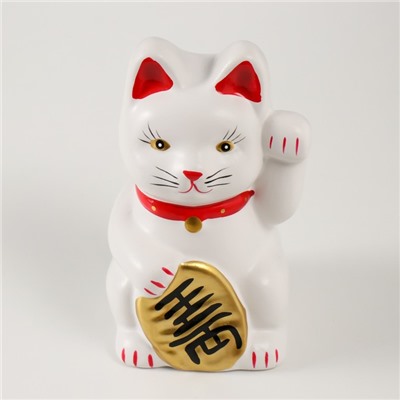 Копилка для денег «Белый кот Манэки-нэко с колокольчиком», керамика, 8×7.5×13 см