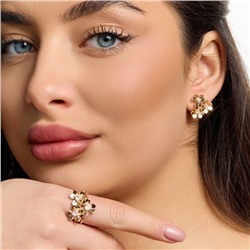 Комплект ювелирной бижутерии коллекция "Дубай" в форме цветов серьги и кольцо 19 р, покрытие позолота, вставка: цирконы, цвет: прозрачный, арт.217.499-19