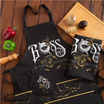 Кухонный набор Boss: фартук 70×60 см, прихватка 20×20 см, полотенце 35×60 см