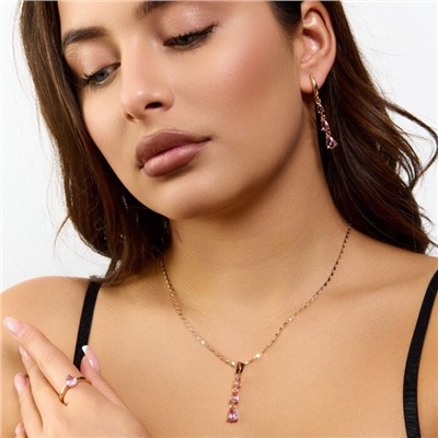 Комплект ювелирной бижутерии коллекция "Дубай" серьги, кулон и кольцо 19 р, покрытие позолота, вставка: фианиты, цвет: розовый, арт.414.301-19