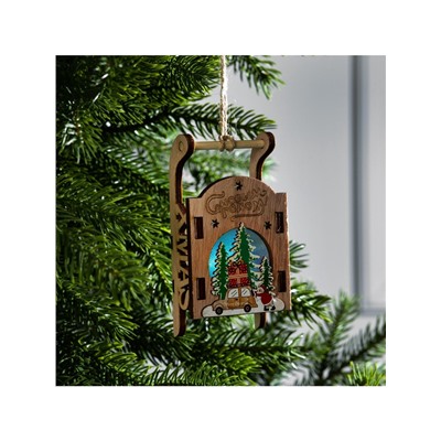 Ёлочная игрушка «Сани с Дедом Морозом и машиной», от батареек LR41×3, свечение RGB