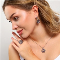 Крупный комплект ювелирной бижутерии серьги, кулон и кольцо 18 р, покрытие: посеребрение, вставка: фианиты, искусственный камень, сухоцветы, цвет: графитовый и фиолетовый, арт.213.876-18