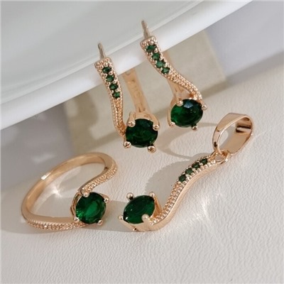 Комплект ювелирной бижутерии коллекция "Дубай" серьги, кулон и кольцо 20 р, покрытие позолота, вставка: фианиты, цвет: зеленый, арт.314.913-20