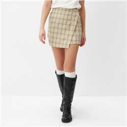 Юбка мини на запах женская MINAKU: Casual Collection, клетка бежевая, размер 48