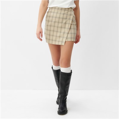 Юбка мини на запах женская MINAKU: Casual Collection, клетка бежевая, размер 48