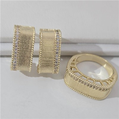 Комплект ювелирной бижутерии Итальянское золото (покрытие желтое 14к) серьги и кольцо 20 р, вставка: фианиты, цвет: прозрачный, арт.217.400-20