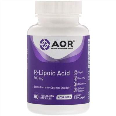 Advanced Orthomolecular Research AOR, R-липоевая кислота, 300 мг, 60 растительных капсул