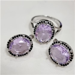 Комплект ювелирной бижутерии коллекция "Дубай" серьги и кольцо 17 р покрытие посеребрение, вставка: стекло и цирконы, цвет: бледно-фиолетовый и черный, арт.215.606-17