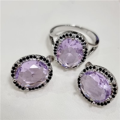 Комплект ювелирной бижутерии коллекция "Дубай" серьги и кольцо 17 р покрытие посеребрение, вставка: стекло и цирконы, цвет: бледно-фиолетовый и черный, арт.215.606-17