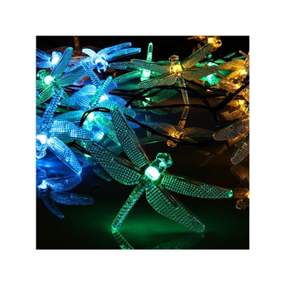 Гирлянда «Нить», 4.5 м, уличная, с насадками «Стрекоза», IP44, 30 LED, 2 режима, солнечная батарея, тёмная нить, свечение зелёное/аквамарин/жёлтое