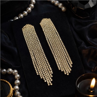 Серьги длинные женские вечерние со стразами, цвет: золотистый и прозрачный, арт.012.051