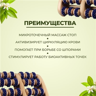 Массажёр для ног «Ножное счастье», 22×20×5.5 см, 5 рядов с шипами, деревянный, синий, бежевый
