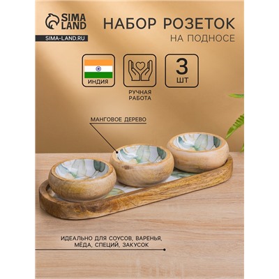 Набор розеток на подносе «Листья», 3 шт., 33.5×13×6.5 см, дерево манго