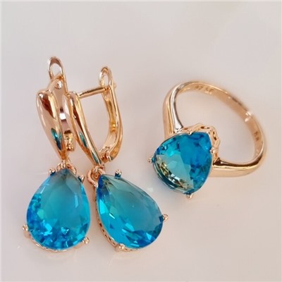 Комплект ювелирная бижутерия коллекция  "Дубай" серьги и кольцо 19 р, покрытие: позолота, вставка: фианит, цвет: голубой, арт.313.092-19