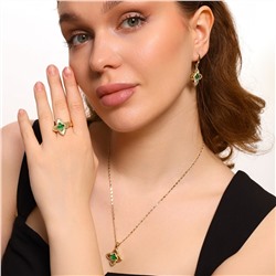 Комплект ювелирной бижутерии Итальянское золото (покрытие желтое 14к) в форме клевера, серьги, кулон на цепочке и кольцо 17 р, вставка: ювелирный пластик, цвет: зеленый, арт.213.419-17