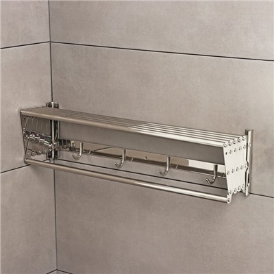 Полка выдвижная с держателем полотенец, 4 крючка 14.5×12(35)×58.5 см