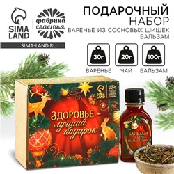 Подарочный набор новогодний «Будьте здоровы»: чай 20 г, варенье из сосновых шишек 30 г, бальзам 100 мл.