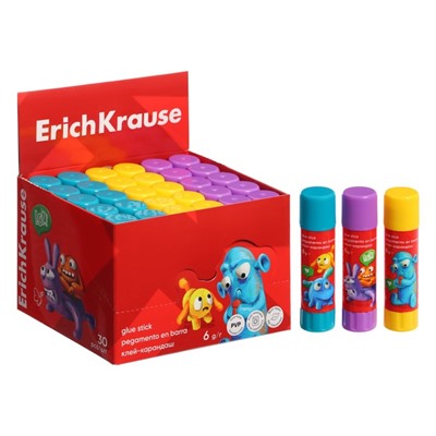 Клей-карандаш 6 г ErichKrause EasyStick Jolly Friends PVP, экономичный расход, микс