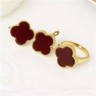 Комплект ювелирной бижутерии Итальянское золото (покрытие желтое 14к), серьги, колье, браслет на руку и кольцо 18 р, вставка: пластик, цвет: бордовый, арт.313.323-18