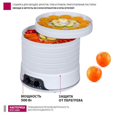 Сушилка для овощей и фруктов "Мастерица" EFD-5000, 500 Вт, 6 ярусов, белая