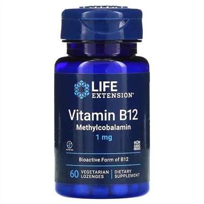 Life Extension, витамин B12, метилкобаламин, 1 мг, 60 вегетарианских пастилок