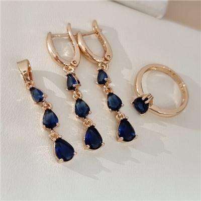 Комплект ювелирной бижутерии коллекция "Дубай" серьги, кулон и кольцо 20 р, покрытие позолота, вставка: фианиты, цвет: синий, арт.414.305-20