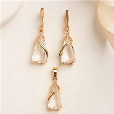 Комплект ювелирной бижутерии коллекция "Дубай" серьги и кулон, покрытие позолота, вставка: стекло, цвет: прозрачный, арт.007.065